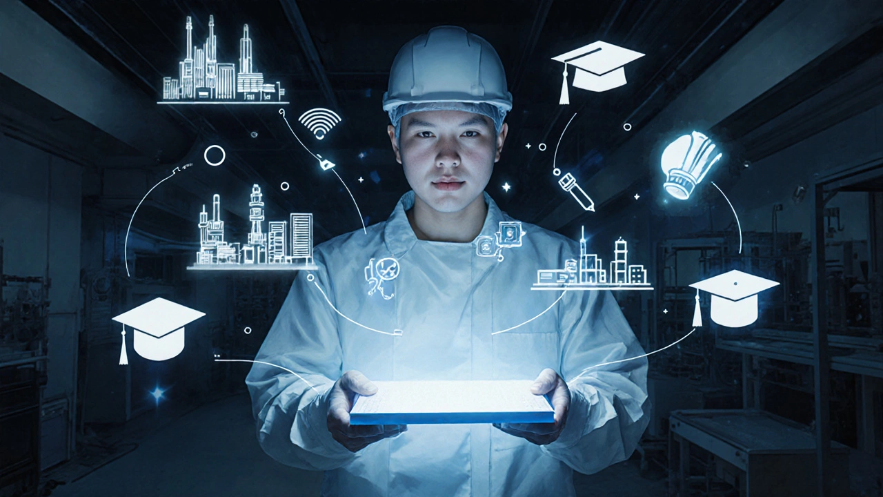 An engineer holding a silicon wafer that shows a holographic timeline of semiconductor production evolution from overseas to domestic.