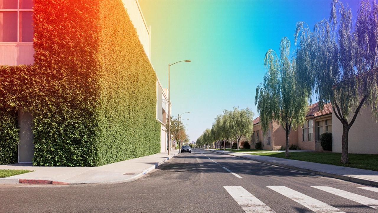 An urban street featuring green walls, permeable pavement, cool roofs, and native trees working together to reduce heat.