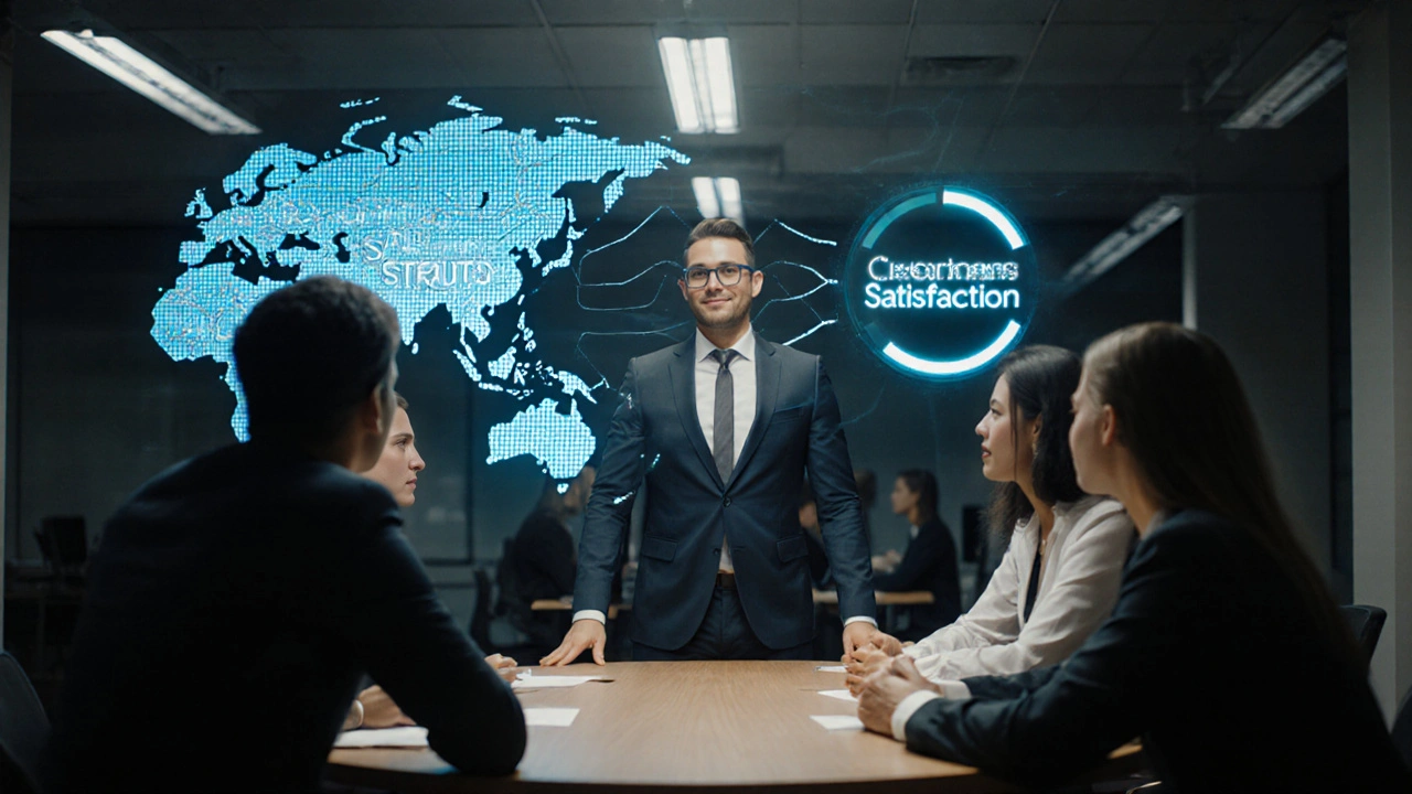 CEO and cross-functional team gathered around a glowing holographic value stream map.