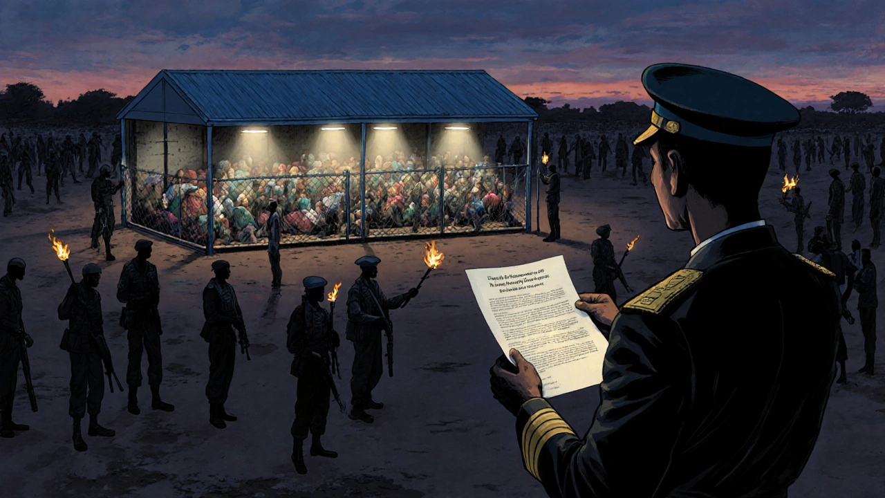 Civilians sheltered inside a UN base in South Sudan as armed figures surround the perimeter at dusk.