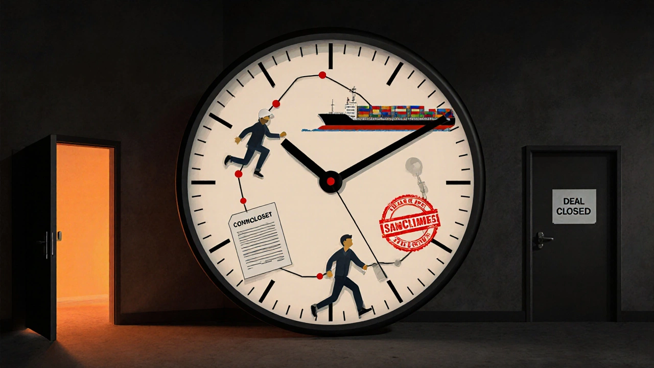 Clock made of talent, supply chains, and sanctions ticking toward a closing deal door.