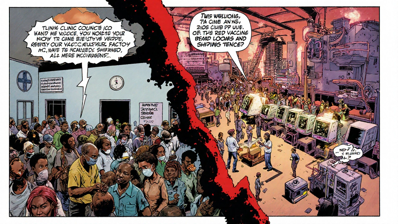 Comic-style contrast: people waiting for imported vaccines vs. a thriving local factory producing doses for regional distribution.