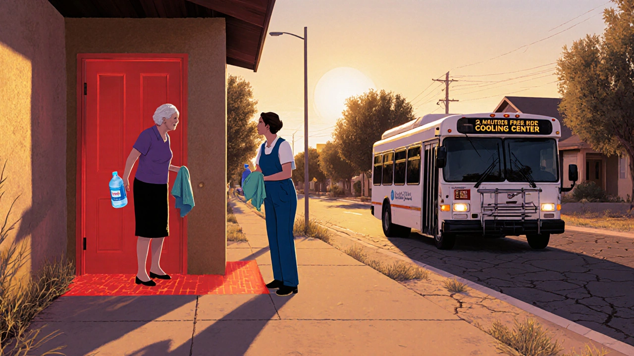 Community health worker offering water and cooling supplies to an elderly resident in a heat-vulnerable neighborhood.