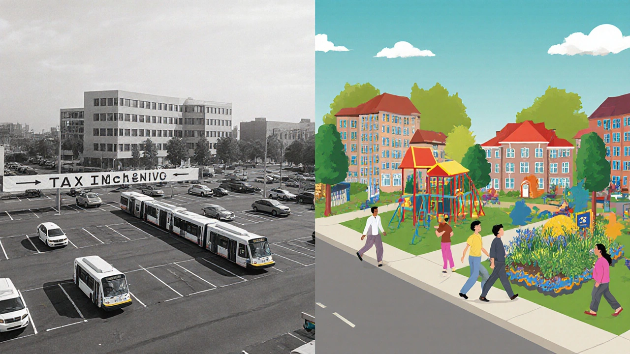 Contrast between empty corporate campus and lively street with transit, parks, and community services.