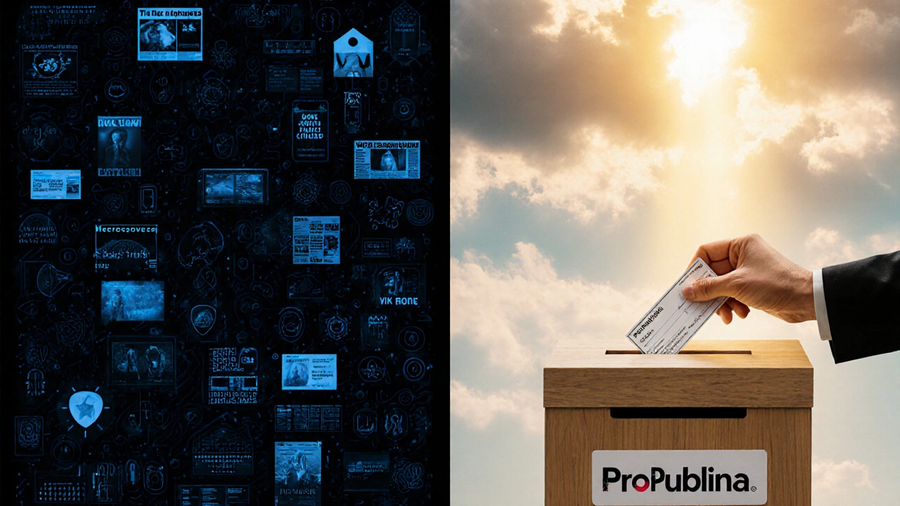 Contrasting digital chaos on one side with a hand donating to independent journalism on the other.