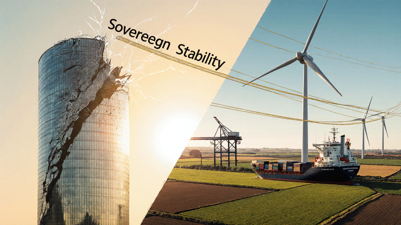 Cracking tech tower versus stable infrastructure like wind farms and farmland symbolizing financial resilience.