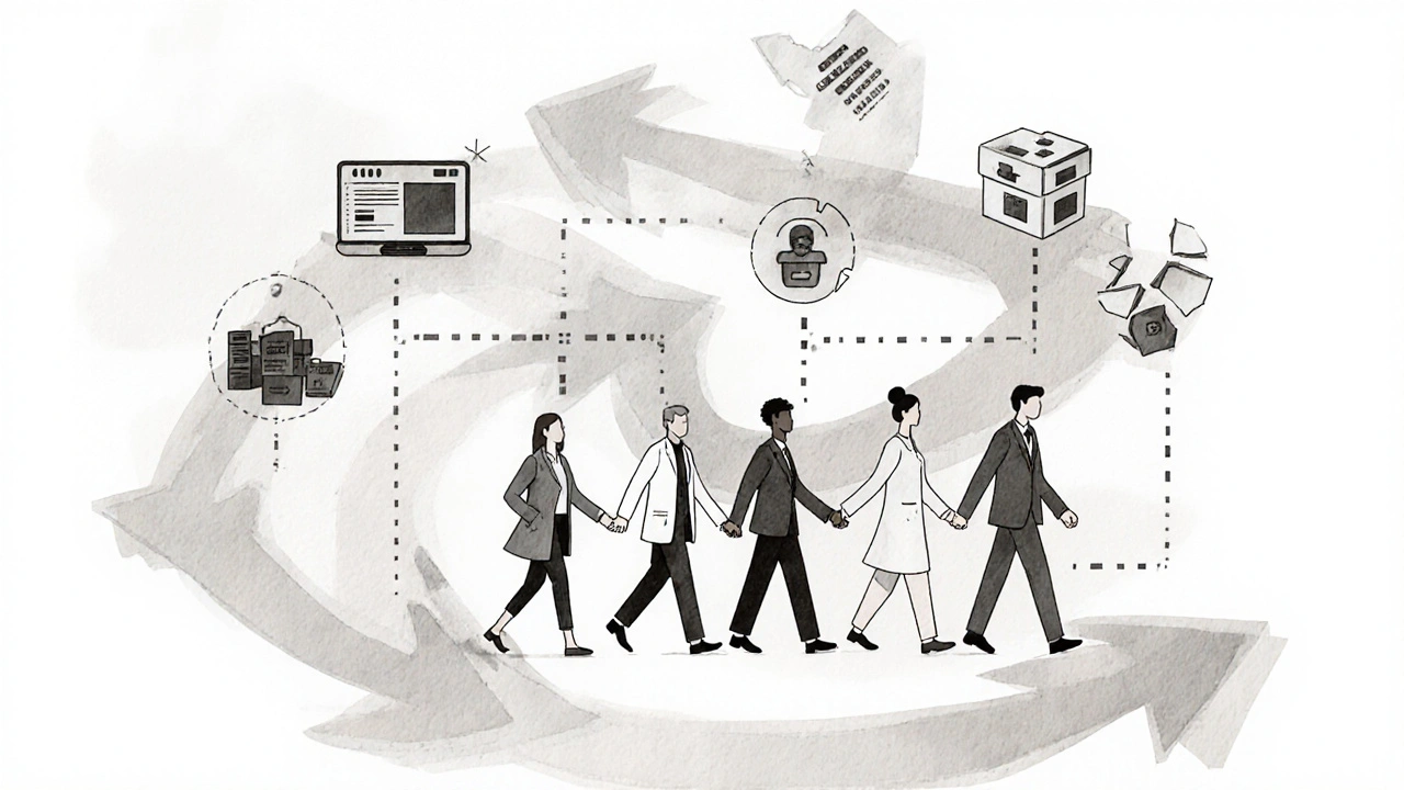 Customer journey path with diverse professionals walking together as old department boxes crumble behind them.