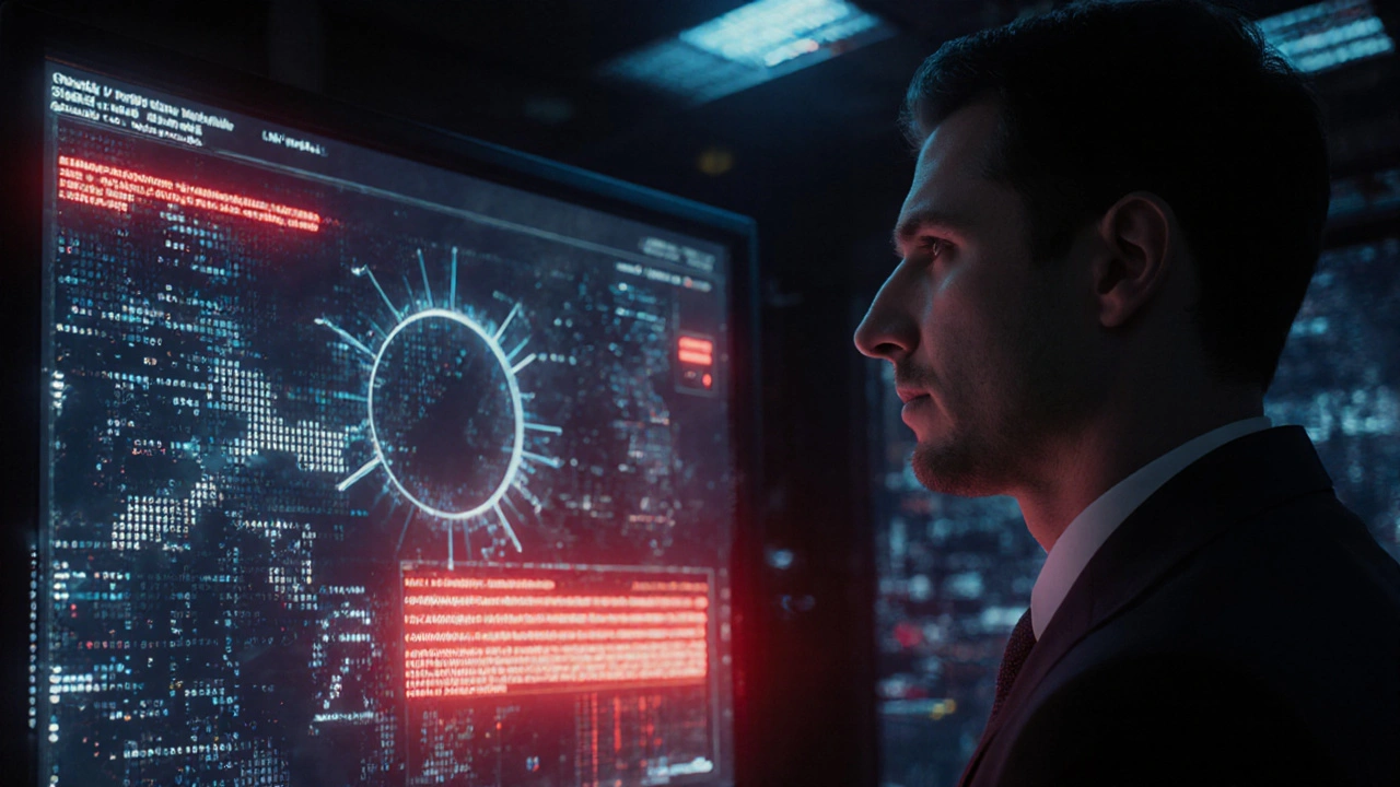 Cybersecurity professional monitoring real-time AI threat detection in a command center.