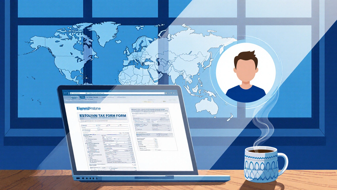 Digital nomad working remotely in Tallinn with Estonian e-residency interface visible.