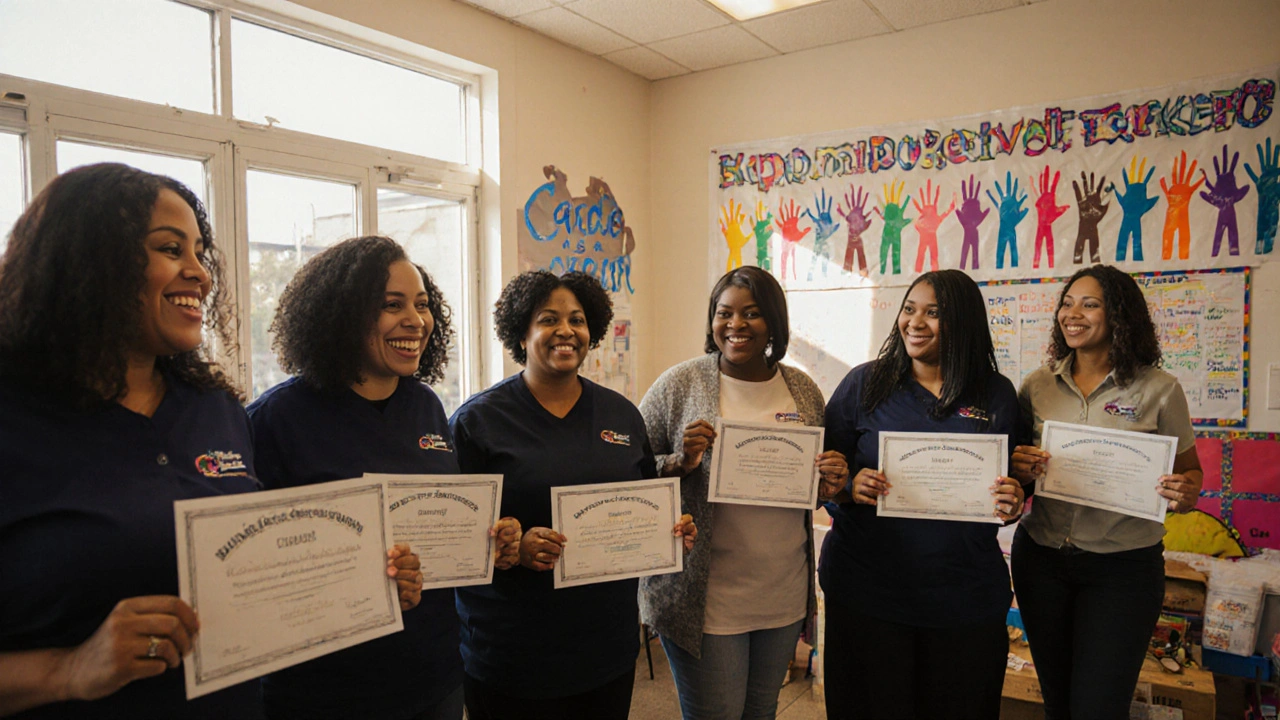 Diverse care workers celebrate completing a certification program with families and childcare support.