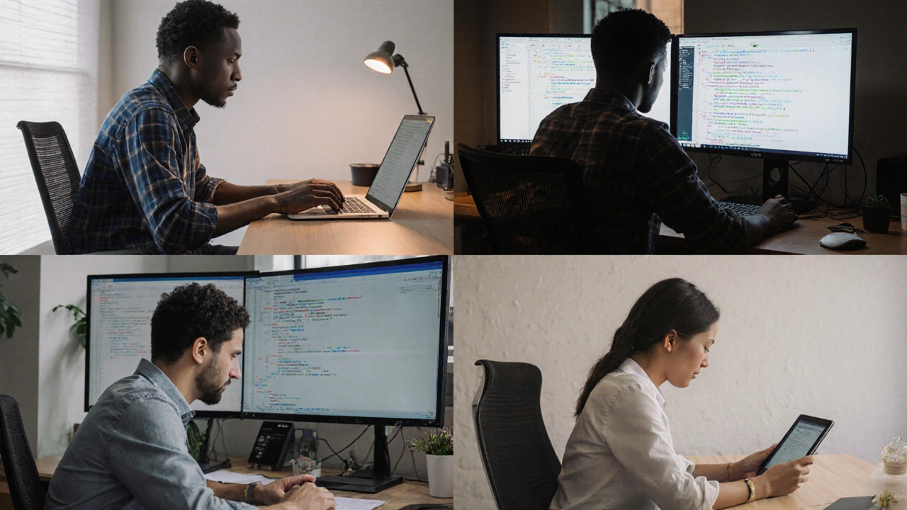 Diverse engineers working asynchronously across Nairobi, Warsaw, Mexico City, and Hanoi in natural lighting.