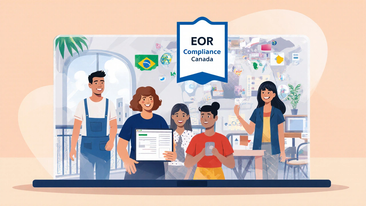 Diverse remote team collaborating virtually with EOR compliance displayed above.