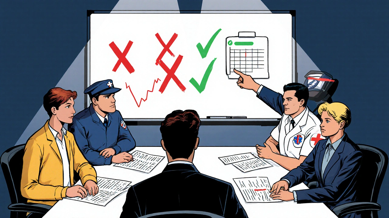 Diverse team reviewing simulation findings at a table with whiteboard showing broken protocols and solutions.