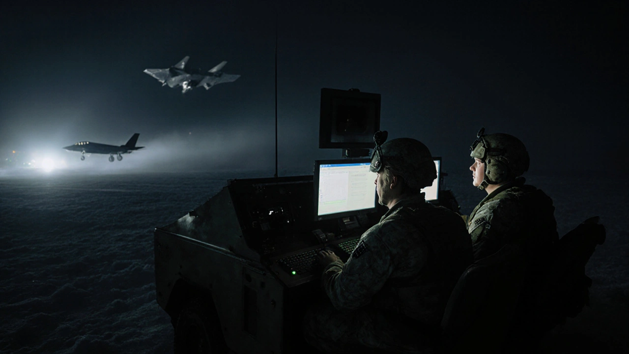 European soldiers at a Baltic border post using European satellite tech, with distant Russian lights and a U.S. jet flying away.