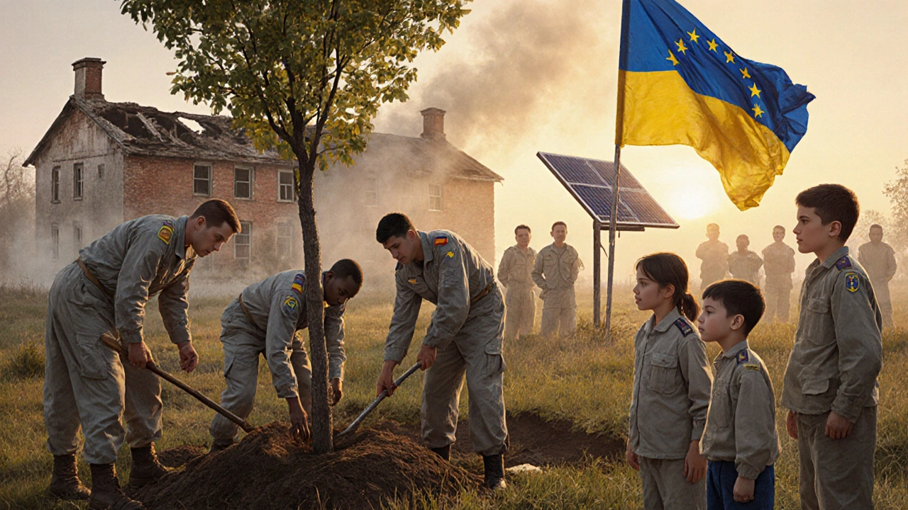 European volunteers rebuilding a school in Ukraine at sunrise with children watching