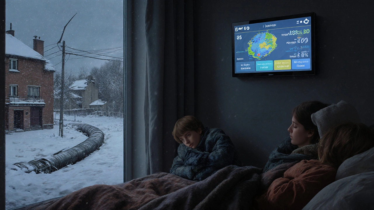 Family in home with smart thermostat and renewable energy data on screen