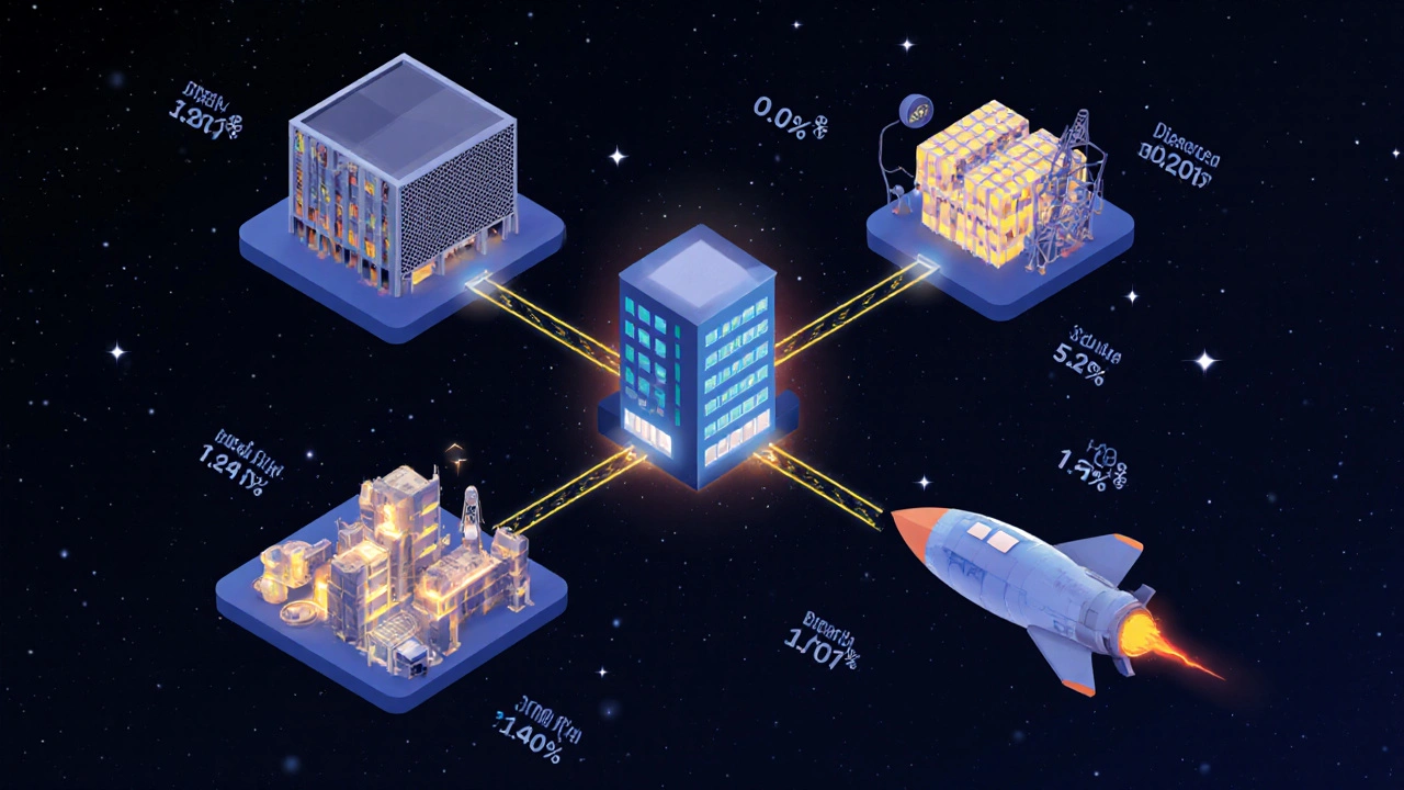 Four financial strategies—direct lending, asset-based, distressed debt, and venture lending—connected to a central company like glowing systems.