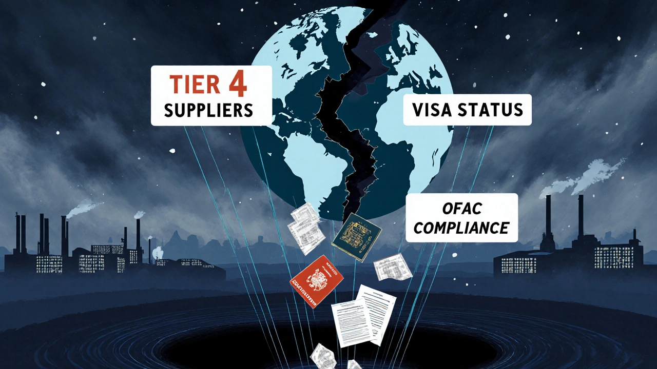 Fractured globe with snapping threads connecting suppliers, visas, and compliance labels.