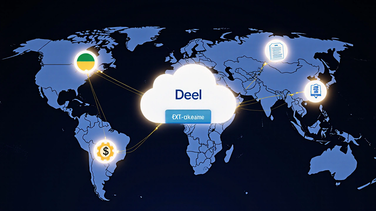 Global map with connected nodes representing remote workers and EOR payroll system.