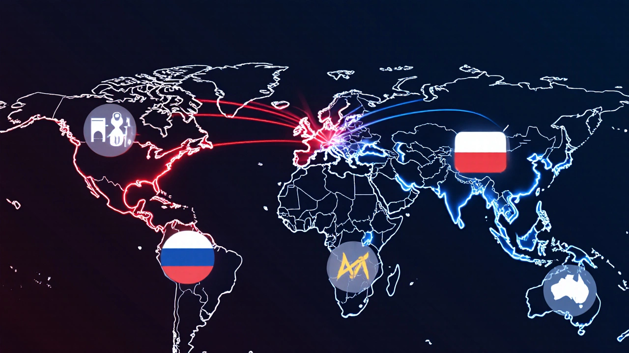 Global map with red and blue lines connecting U.S. to nearby and allied nations, representing supply chain strategies.