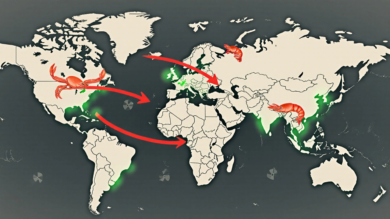 Global trade map showing seafood flows shifting from Japan to Russia and Vietnam, with fading crab icons.