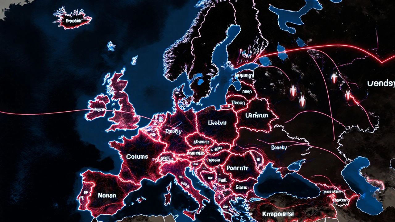 Glowing European grid map showing energy flows from Norway to Ukraine and Hungary