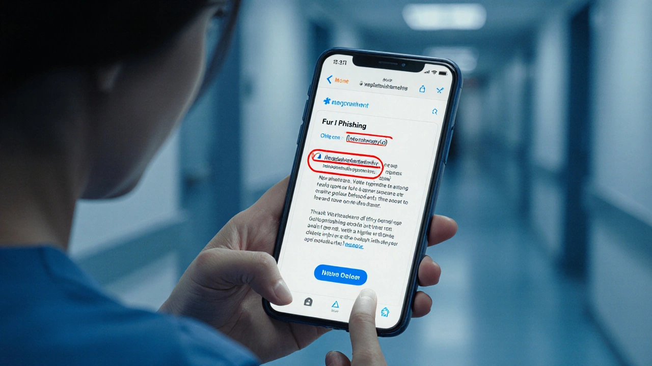 Healthcare worker identifying a phishing email on her phone, finger ready to delete it.