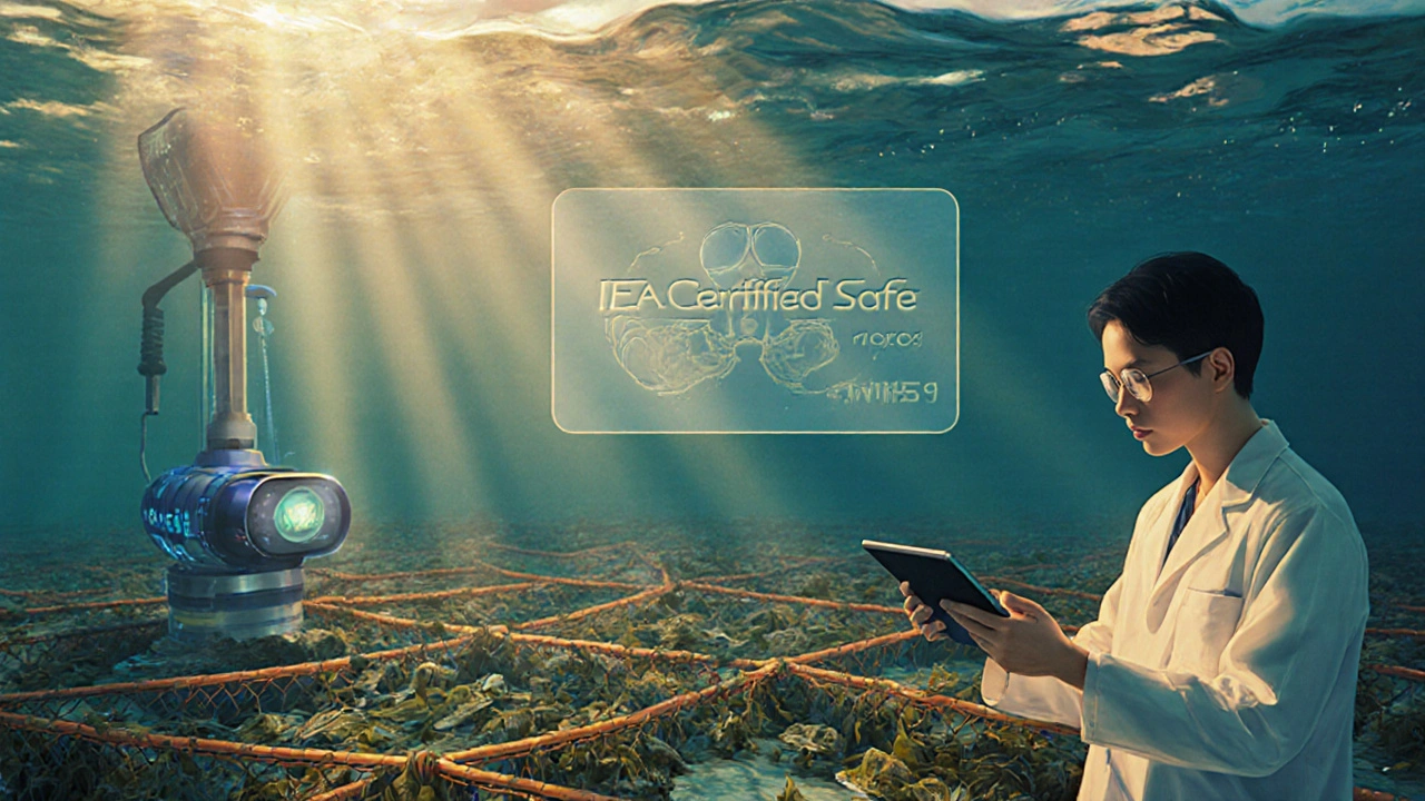 High-tech aquaculture farm in Japan with sensors monitoring seaweed and oysters under sunlight.