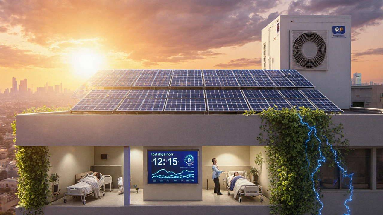 Hospital rooftop with solar panels powering cooling systems, symbolizing climate-resilient healthcare infrastructure.