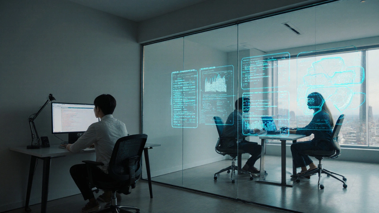 Hybrid workspace blending remote home office in Vietnam with satellite office in Toronto, glowing project boards visible.