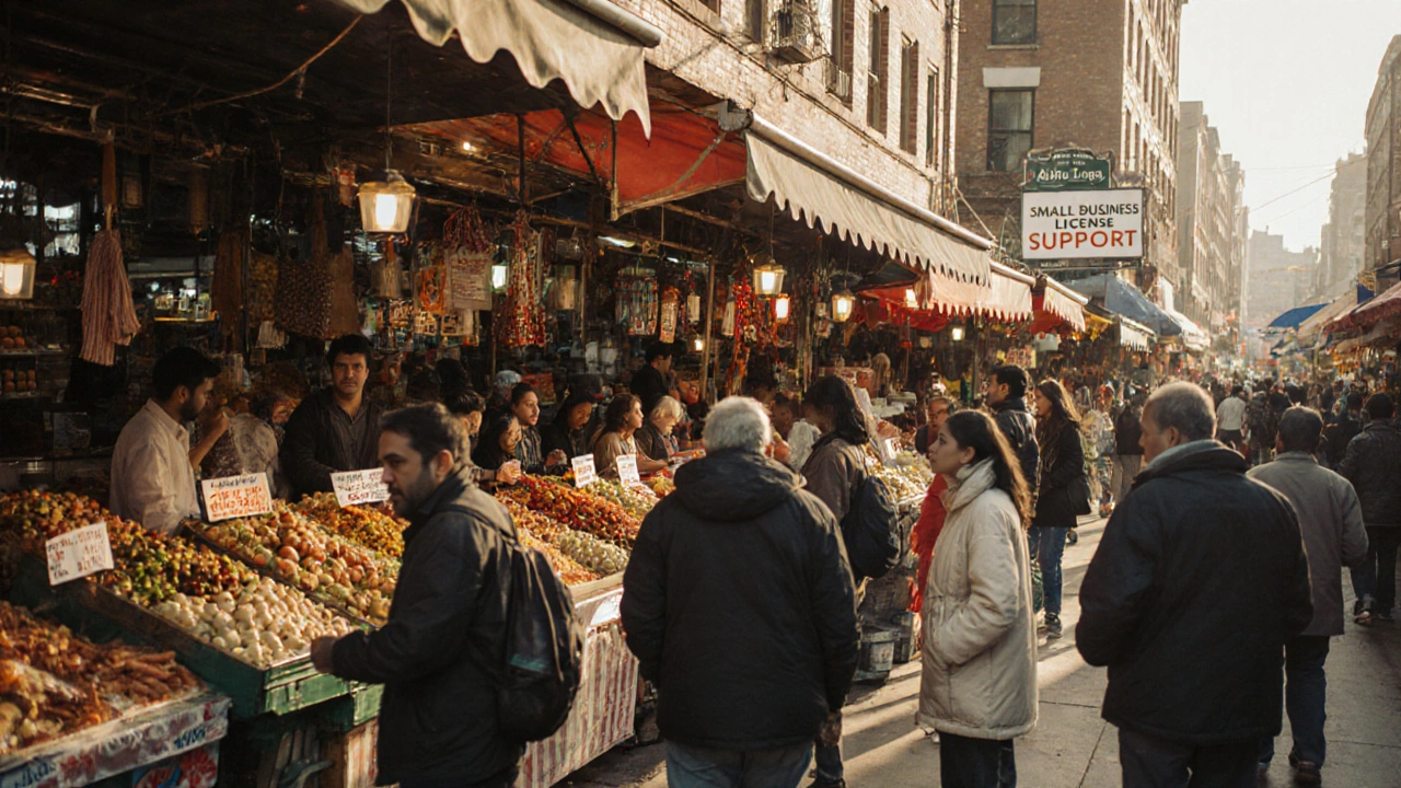 Immigrant-run food market with customers shopping under colorful awnings in a revitalized urban district.