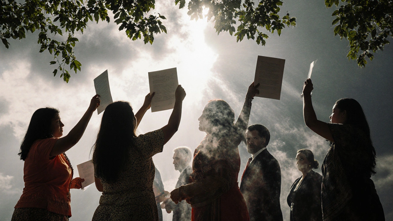 Indigenous women holding signed agreements, with blurred world leaders fading behind them in sunlight.