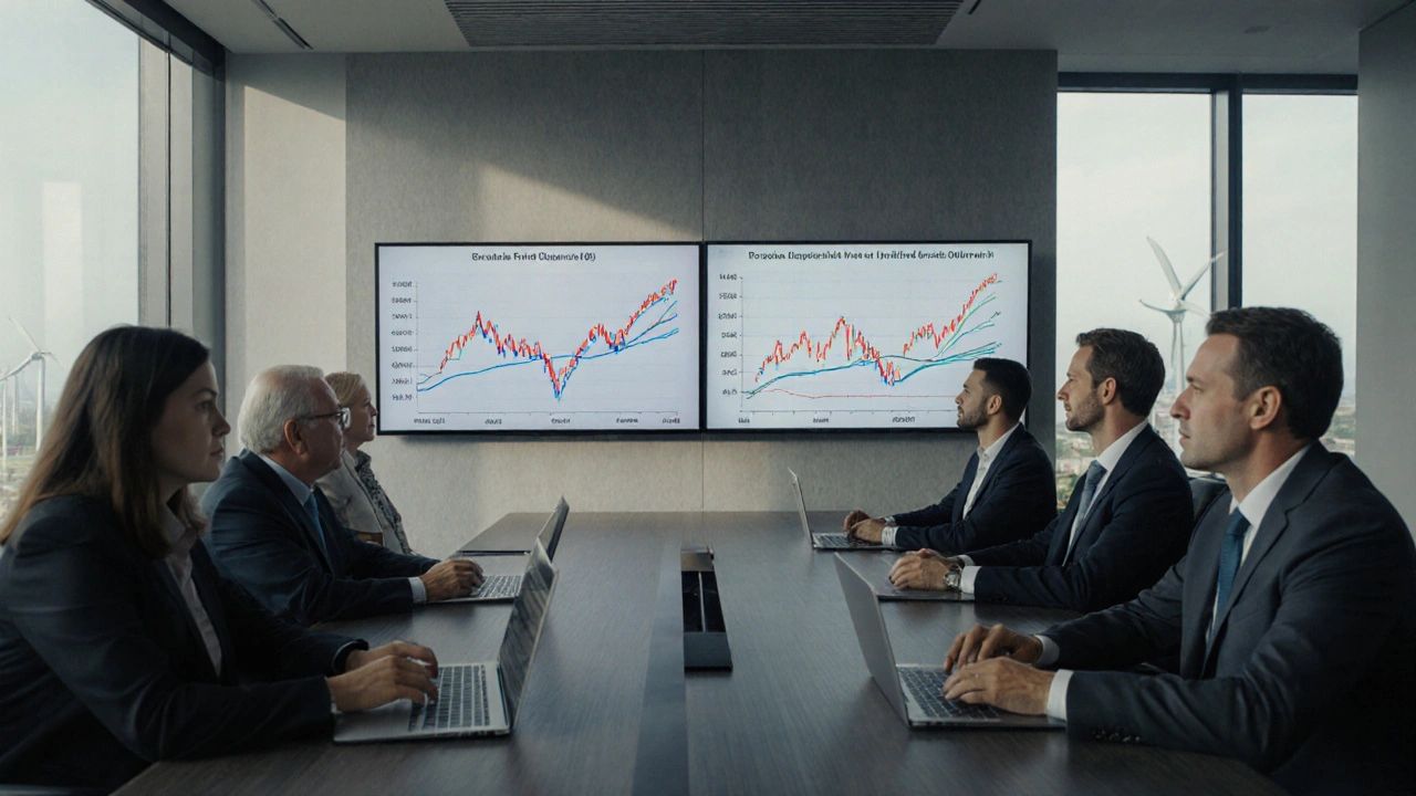 Investment managers analyzing diverging data trends between tech stocks and real assets.