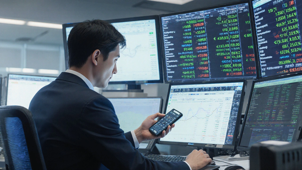 Investor at trading desk monitoring yen-dollar rates and hedging tools