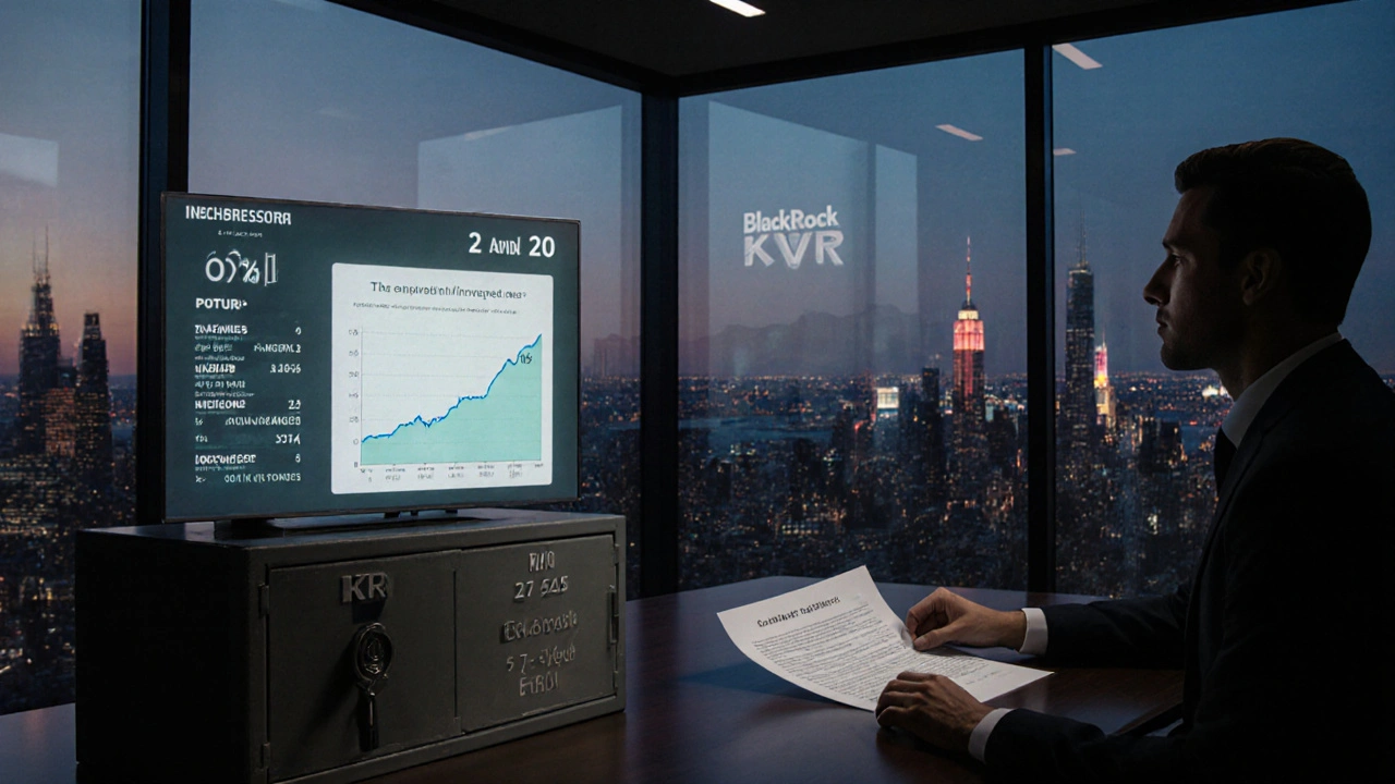 Investors reviewing private credit portfolios on holograms, with a locked vault and 2 and 20 fee contract on the table.