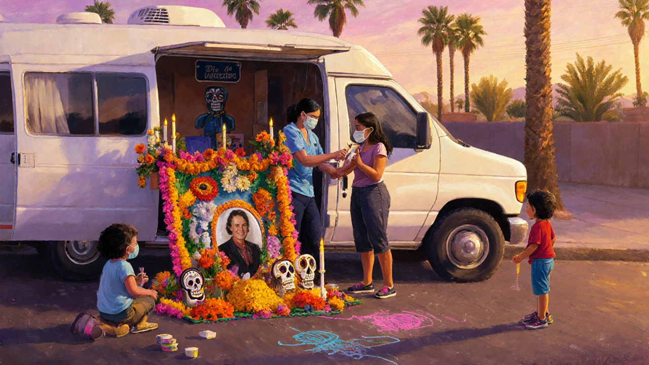 Mobile vaccination station beside a Día de los Muertos altar with marigolds and candles in Phoenix.