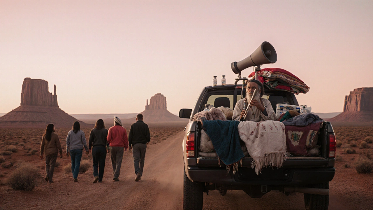 Navajo elder driving a truck with loudspeaker through desert reservation at dawn, people approaching peacefully.