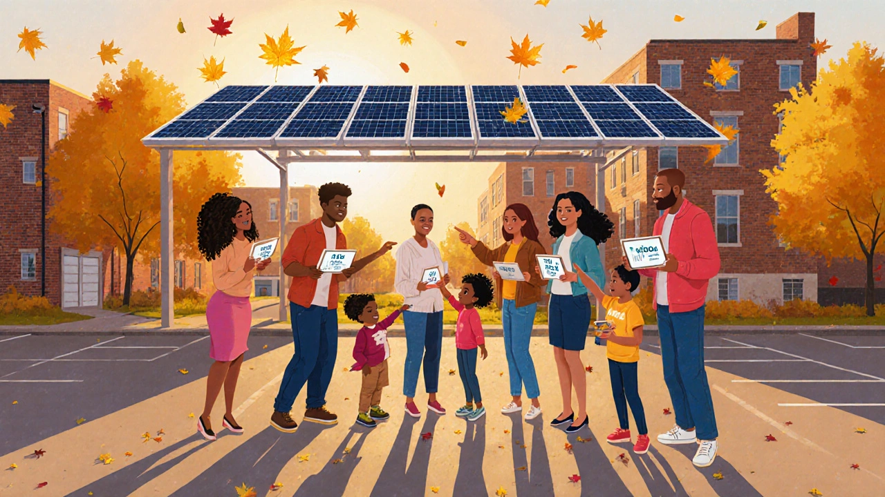 Neighbors in Detroit gather under a solar carport, watching energy credits on their tablets.