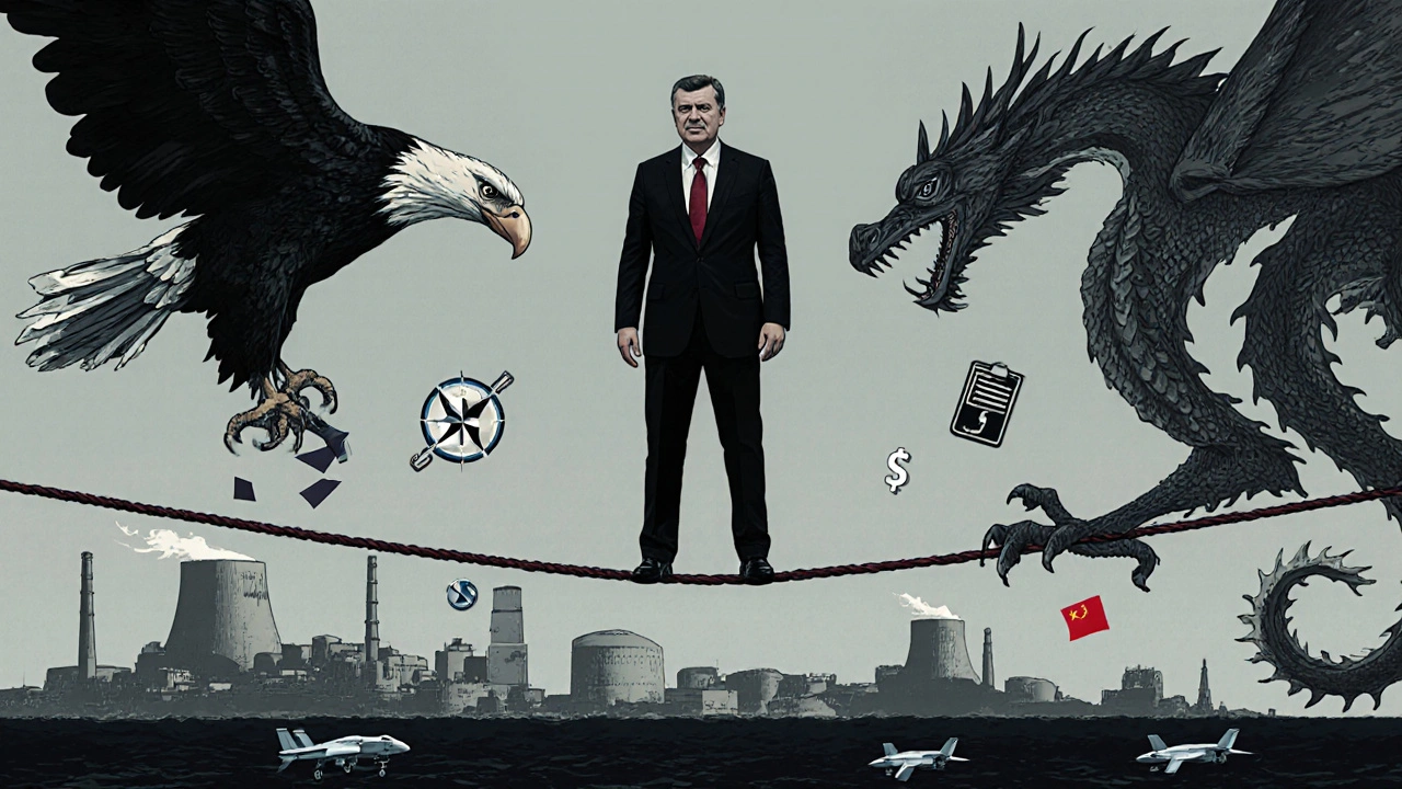 President Erdoğan balancing between NATO and China, with nuclear plants and drones below as economy crumbles beneath him.