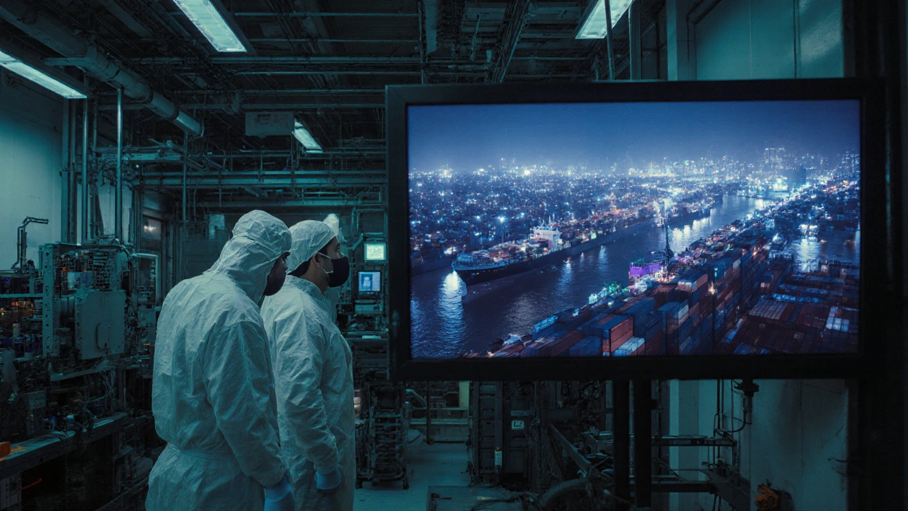 Semiconductor factory in Ohio with inset of congested Chinese port, showing resilient vs. fragile supply chains.