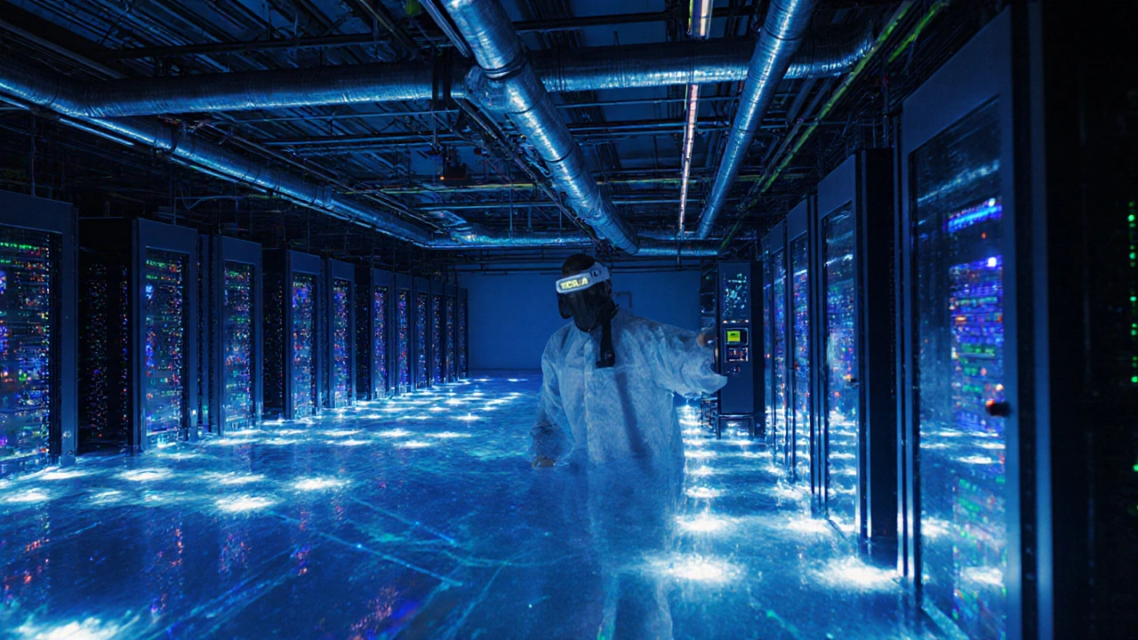 Server racks submerged in glowing blue liquid coolant in a dimly lit data center hall.
