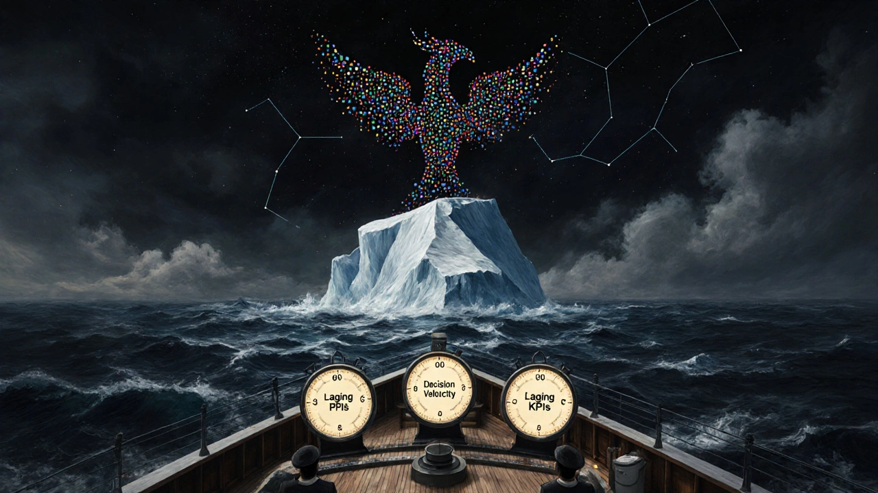 Ship navigating stormy sea with leading indicators as compasses while lagging KPIs sink below waves.