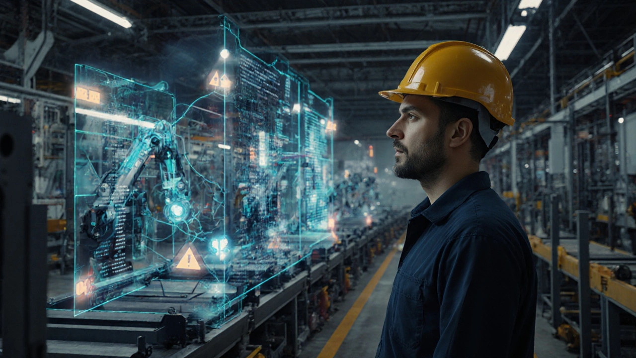 Smart factory with holographic AI alerts monitoring automated machinery in real time.
