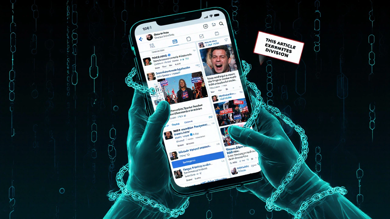 Smartphone screen displaying a scrolling social media feed with angry political posts, surrounded by data chains pulling the user in.