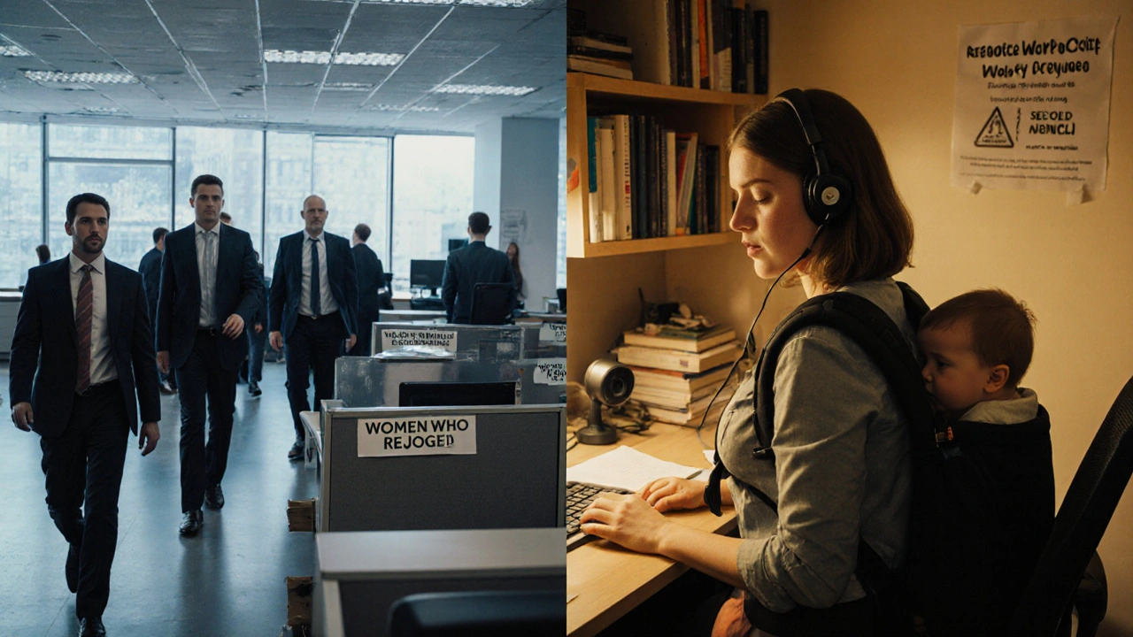 Split scene showing empty office desks versus a woman working remotely with her child nearby.