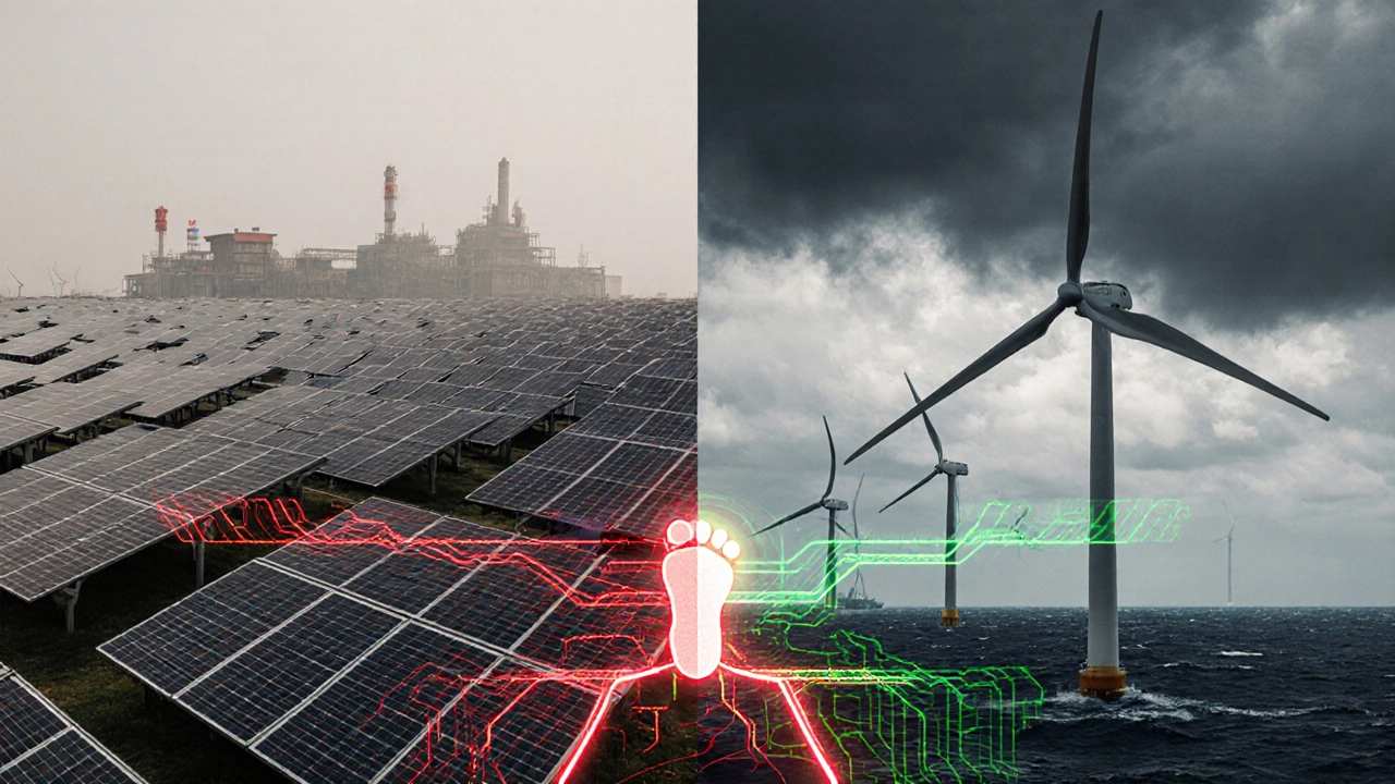 Split-screen showing Chinese solar factory and European wind farm connected by a green and red carbon footprint line.