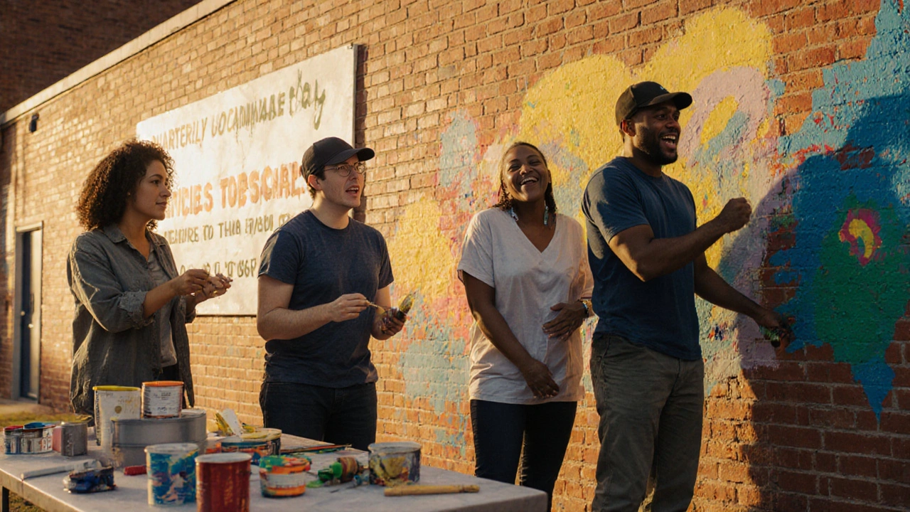 Team painting a mural at a school during paid community work day.