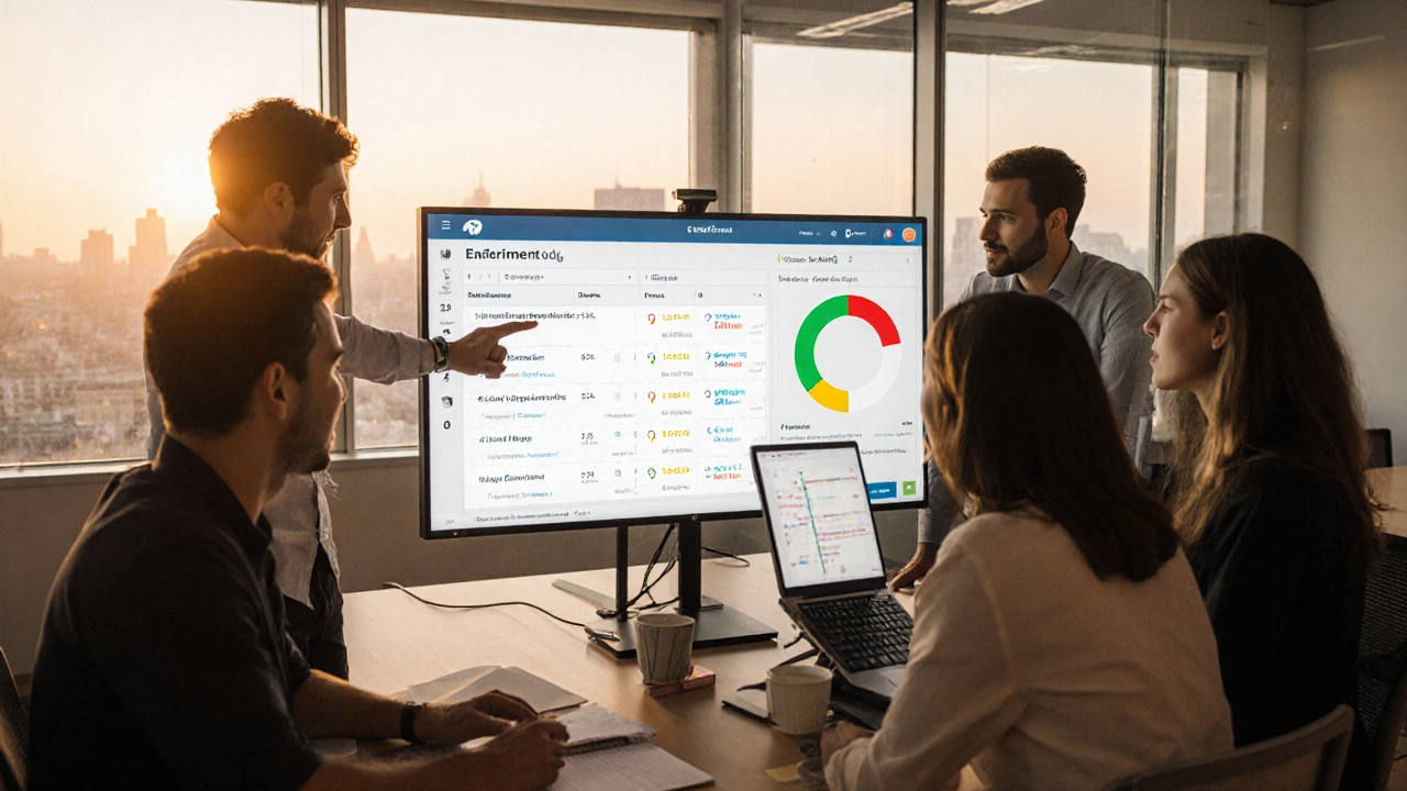 Team reviewing experiment logs and collaboration data in a bright morning office.