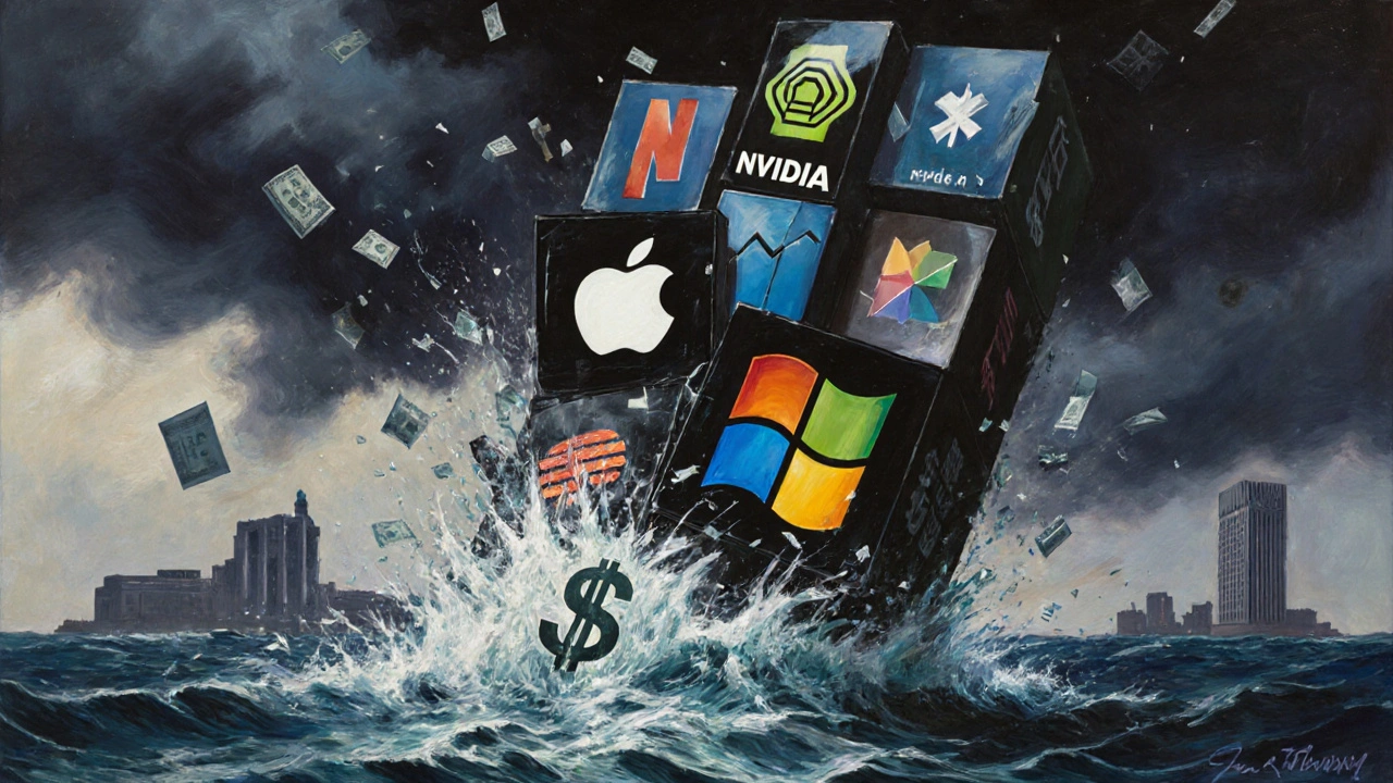 Tech stock tower collapsing under rising yen wave with shattered currency hedges