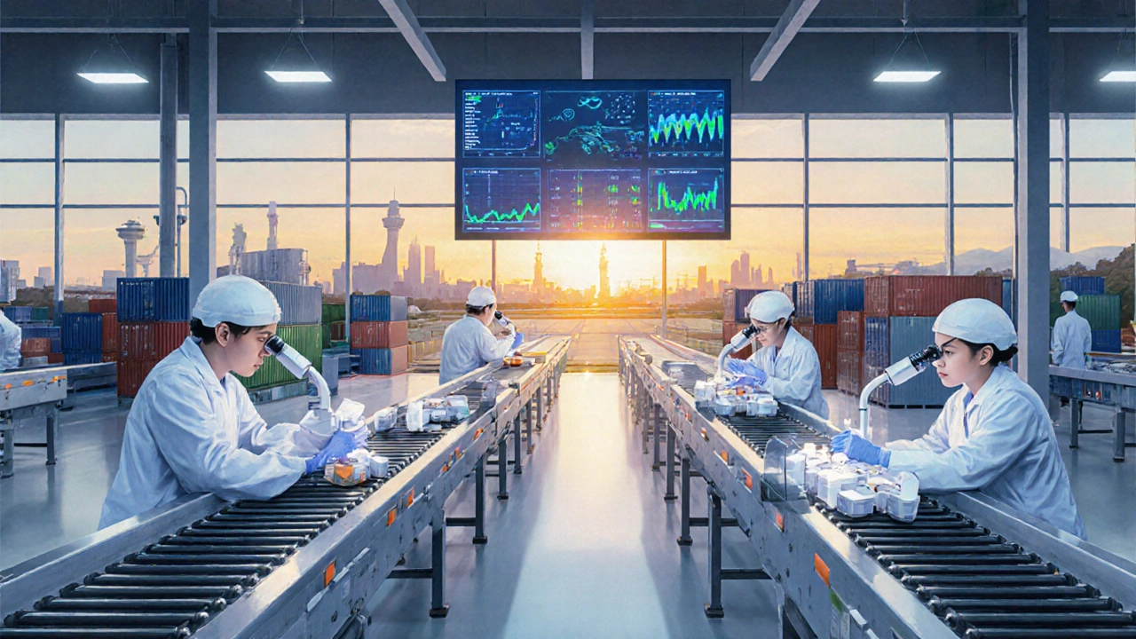 Technicians inspecting electronics in a clean Vietnamese factory with airport silhouette in distance.